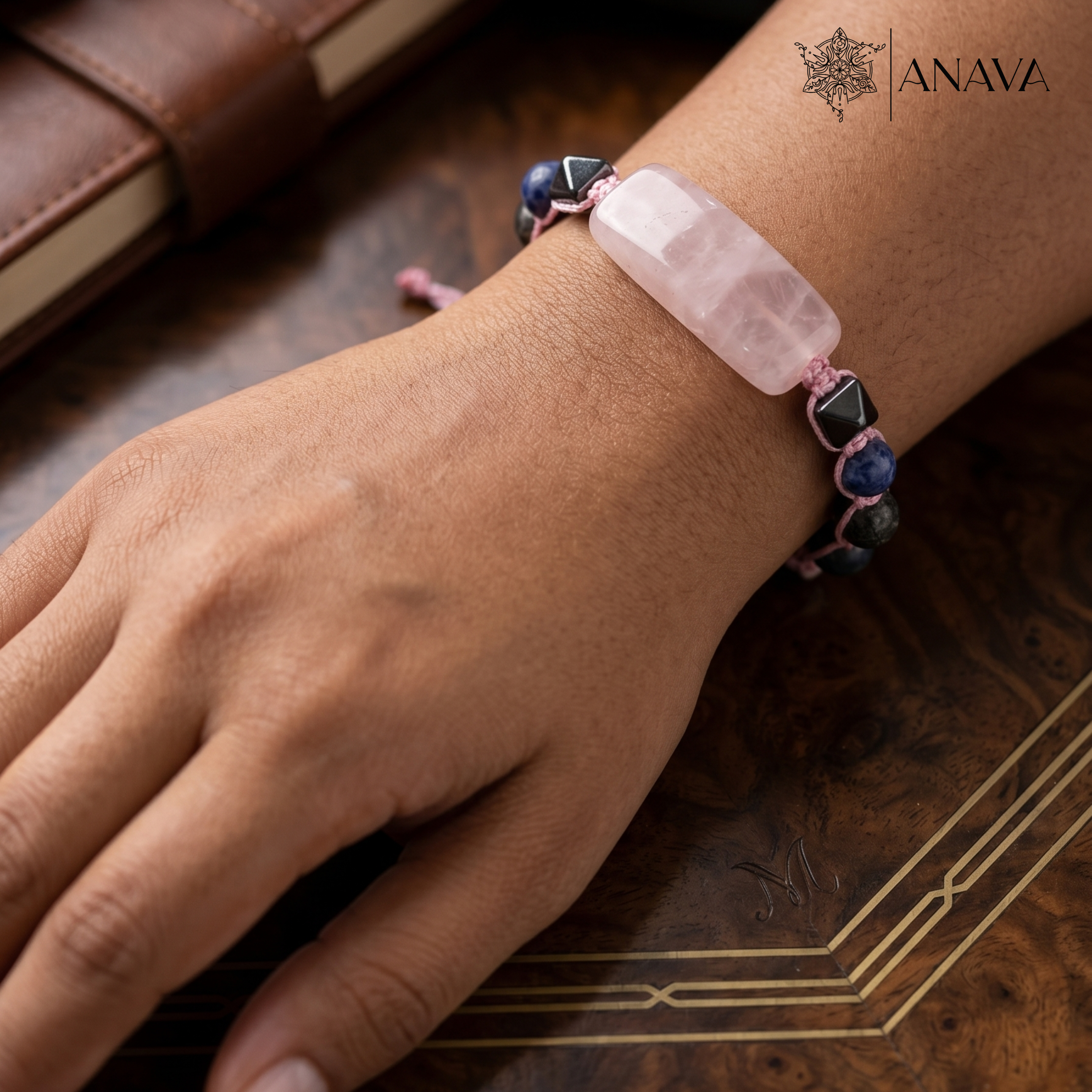 Rose Quartz Bar & Shield Band | Handcrafted with Hematite & Multi-Stone Accents | Lab Certified
