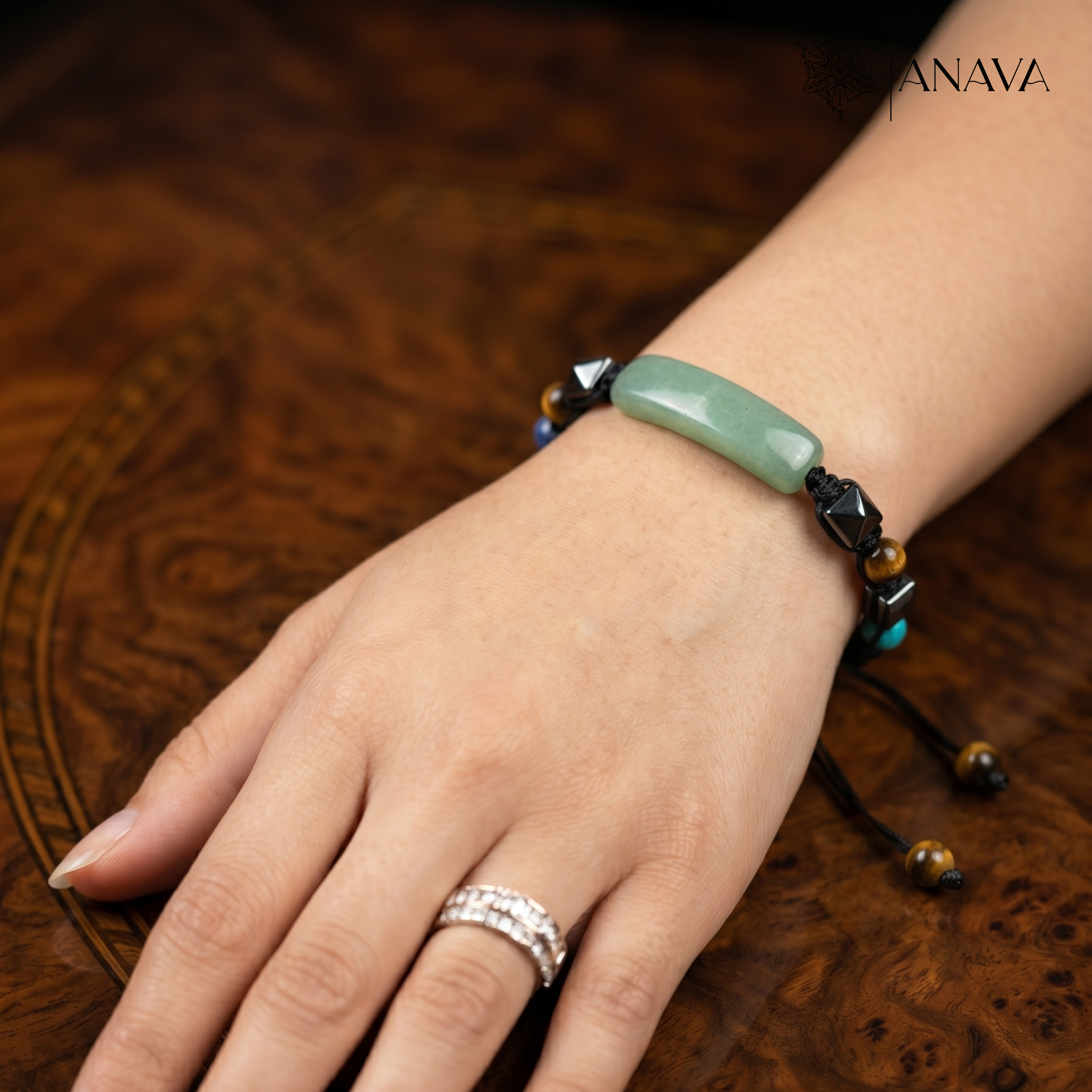 Verdant Aventurine Bar & Shield Band | Handcrafted with Hematite & Multi-Stone Accents | Lab Certified