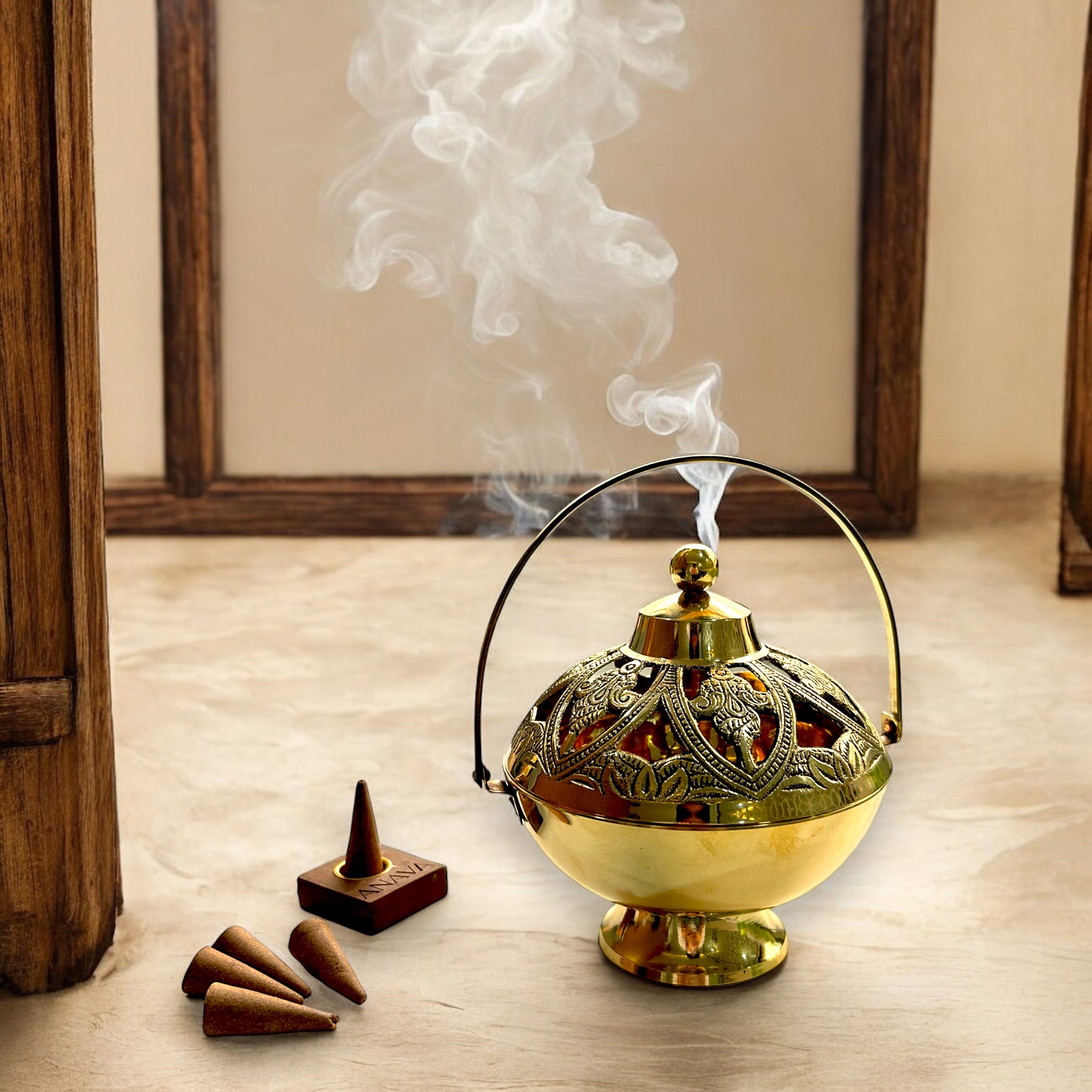 Temple Style-Ornate Brass-Hanging Incense Burner