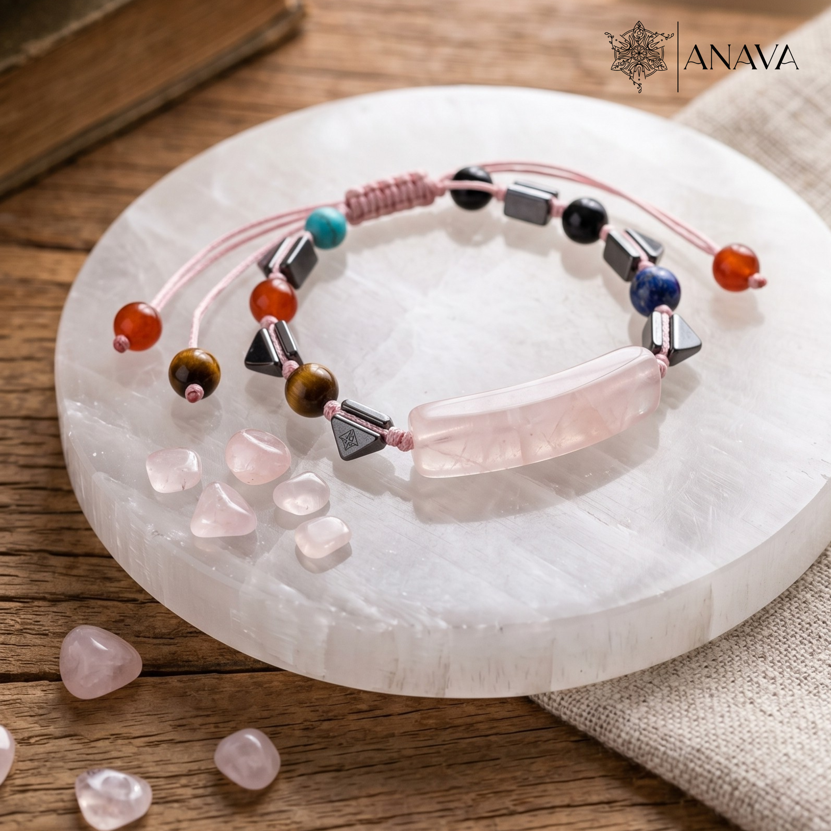 Rose Quartz Bar & Shield Band | Handcrafted with Hematite & Multi-Stone Accents | Lab Certified