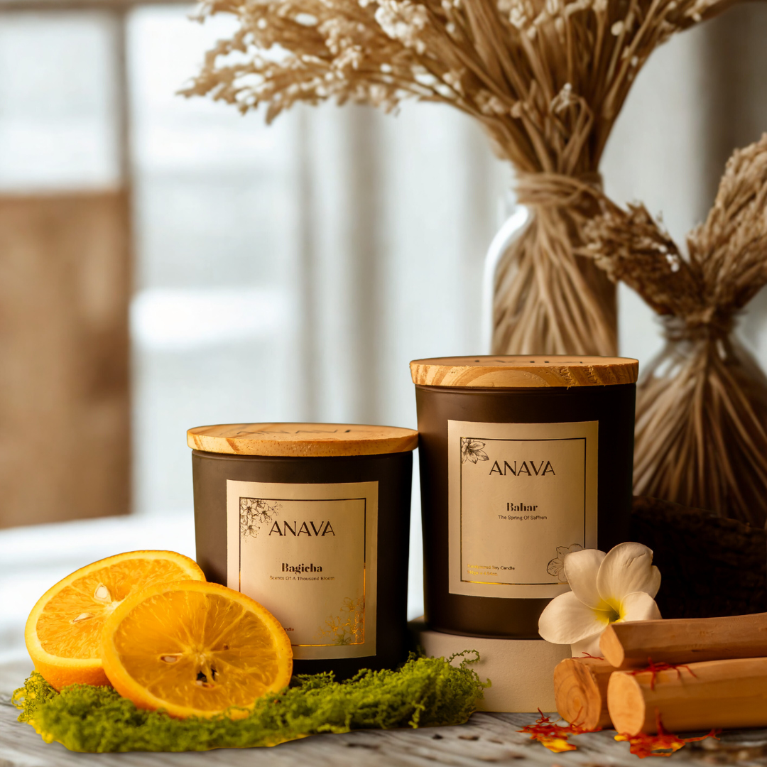 Bahar & Bagicha Duo – Saffron & Sandalwood, Floral Blossoms In a Jar- Soy Wax CandlePack Of 2-140gm each