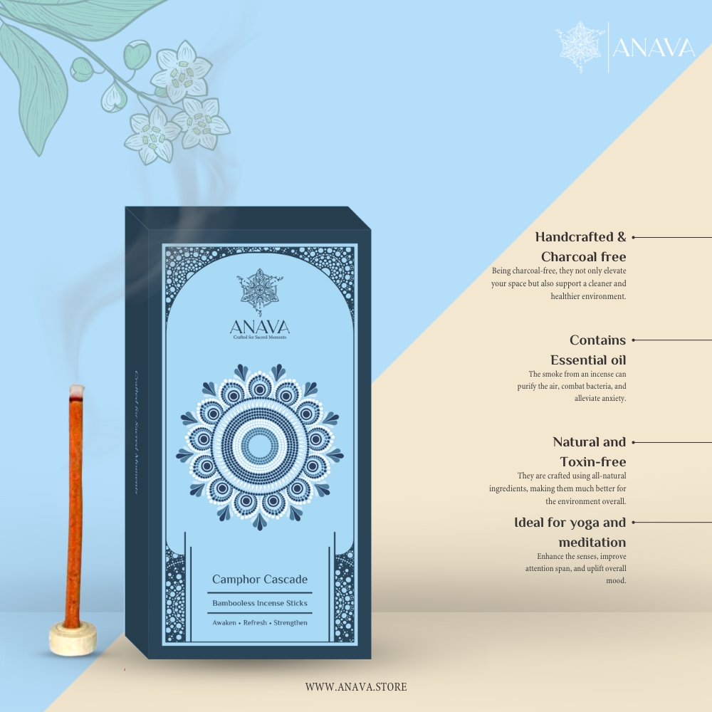 Camphor Cascade Bambooless Incense Sticks– Pack Contains 40 Dhoop Stick + 1 Free Stand