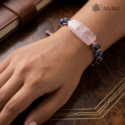 Rose Quartz Bar &amp; Shield Band | Handcrafted with Hematite &amp; Multi-Stone Accents | Lab Certified
