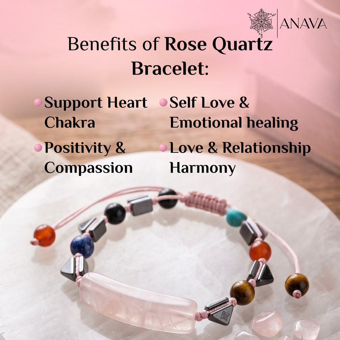 Rose Quartz Bar &amp; Shield Band | Handcrafted with Hematite &amp; Multi-Stone Accents | Lab Certified