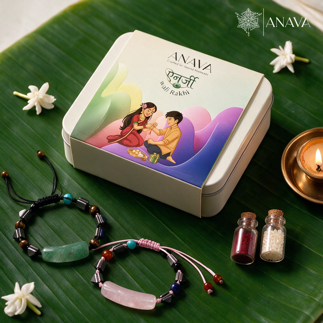 Aventurine &amp; Rose Quartz Thread Band Rakhi Duo | For Bhaiya &amp; Bhabhi