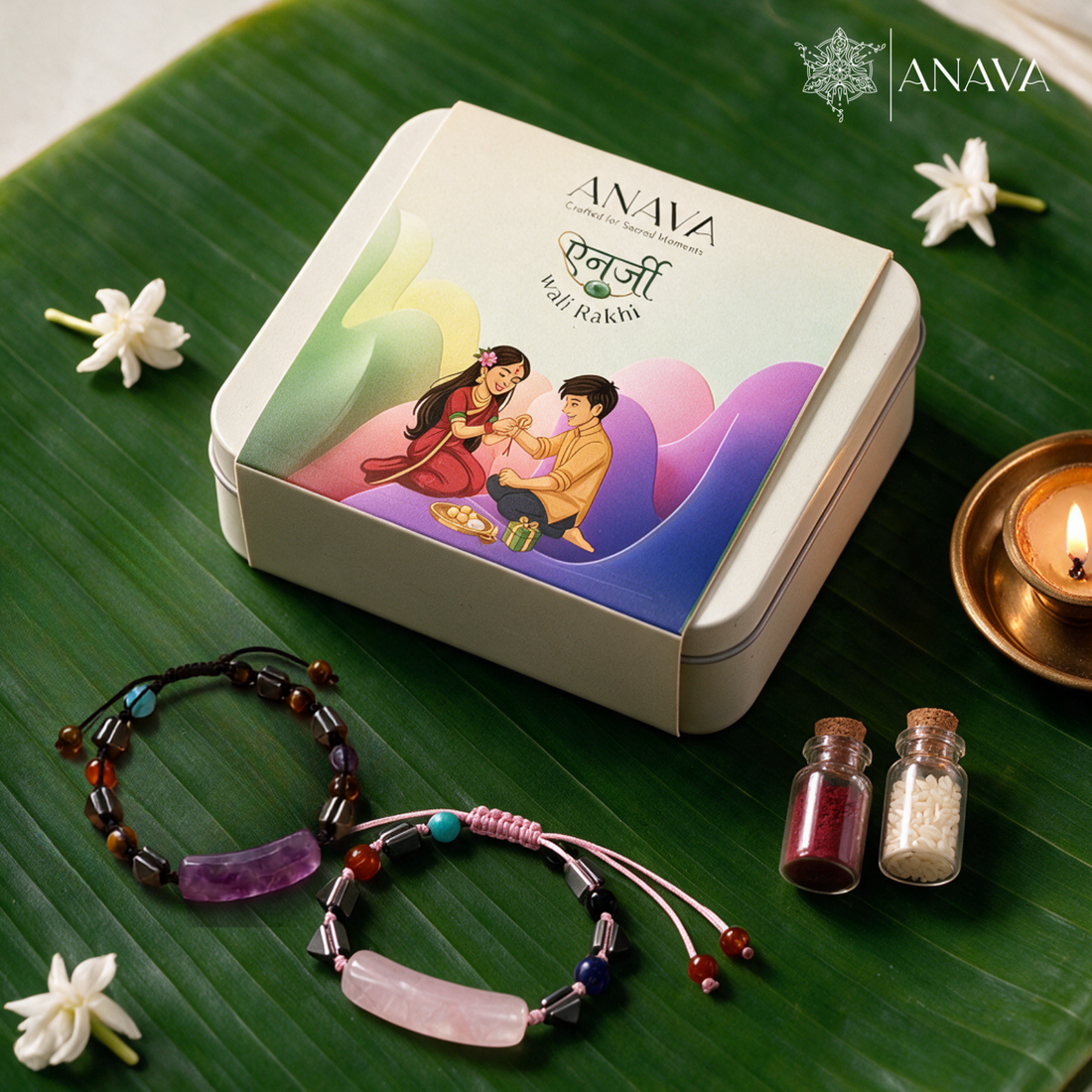Amethyst &amp; Rose Quartz Thread Band Rakhi Duo | For Bhaiya &amp; Bhabhi