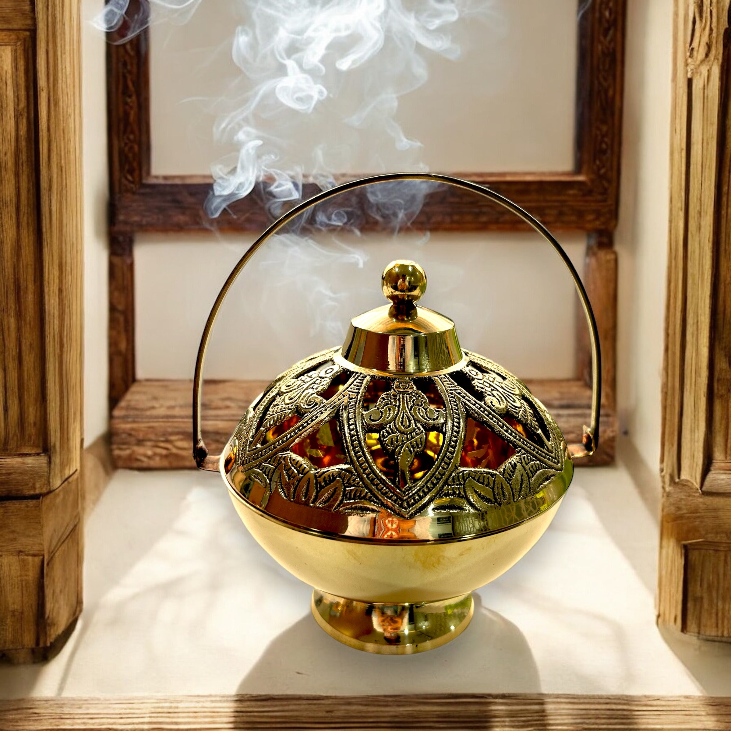 Temple Style-Ornate Brass-Hanging Incense Burner