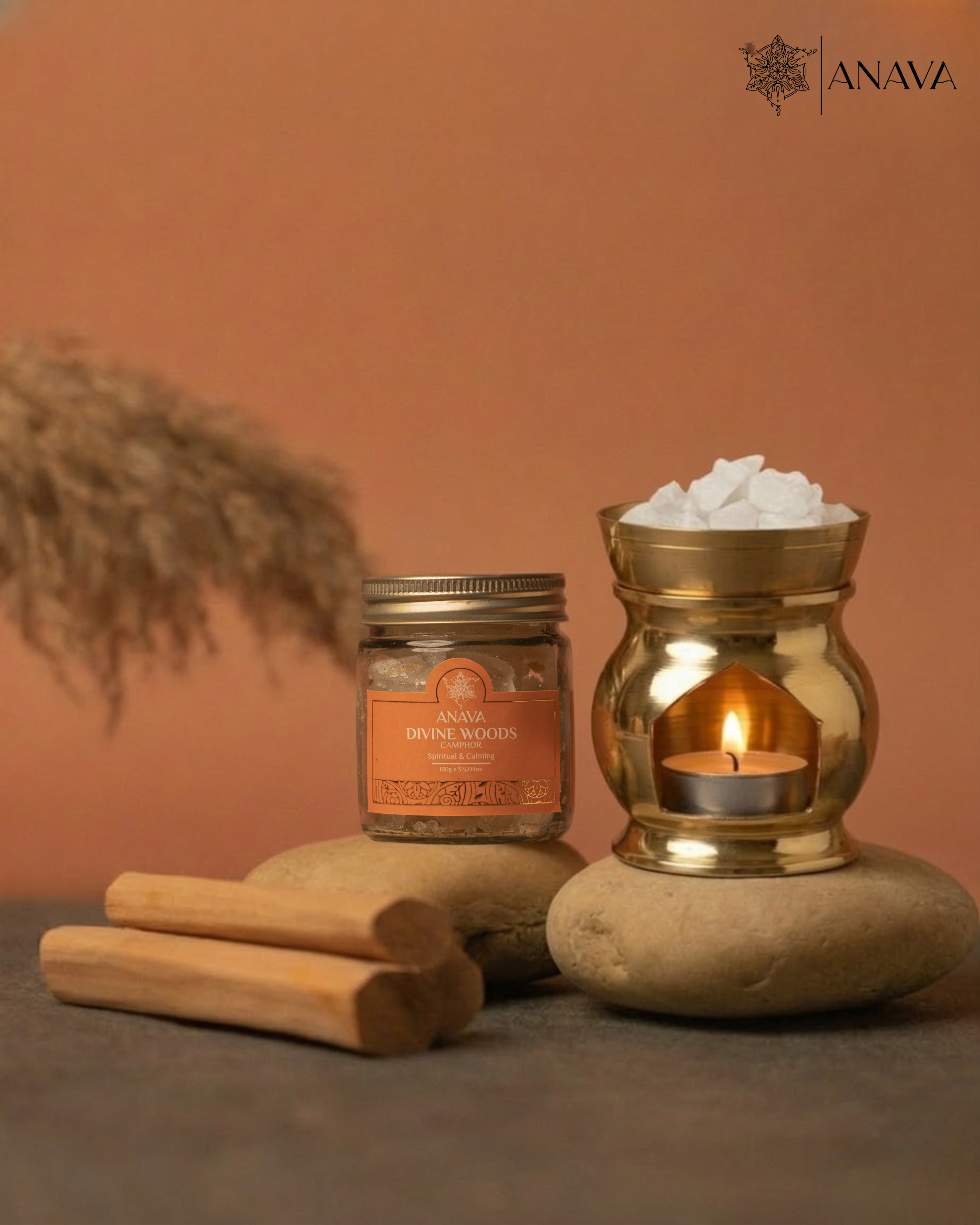 Twilight Camphor Diffuser Set- Combo Pack (Lume Brass Diffuser + Rose/Sandalwood/Vanilla Camphor Blend-50gm)