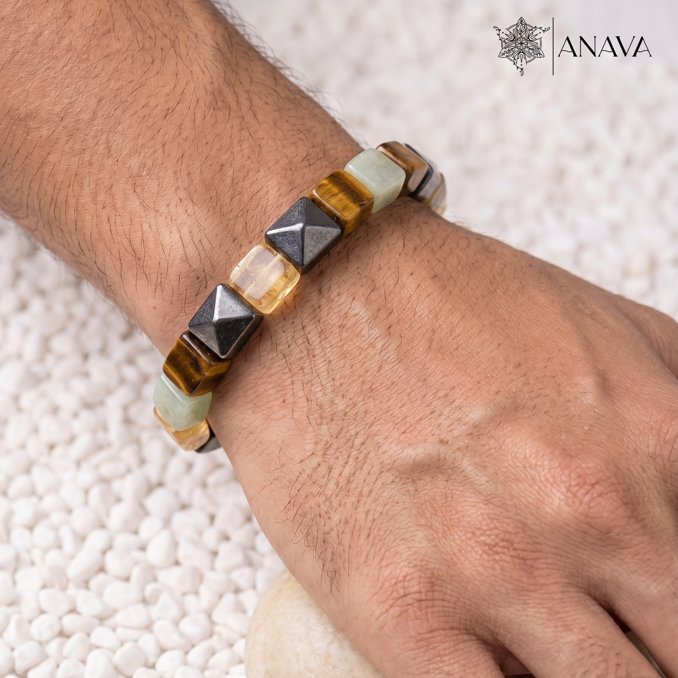 Dhan Vriddhi Cubical Band | Pyrite, Tiger Eye, Citrine &amp; Aventurine | Lab Certified