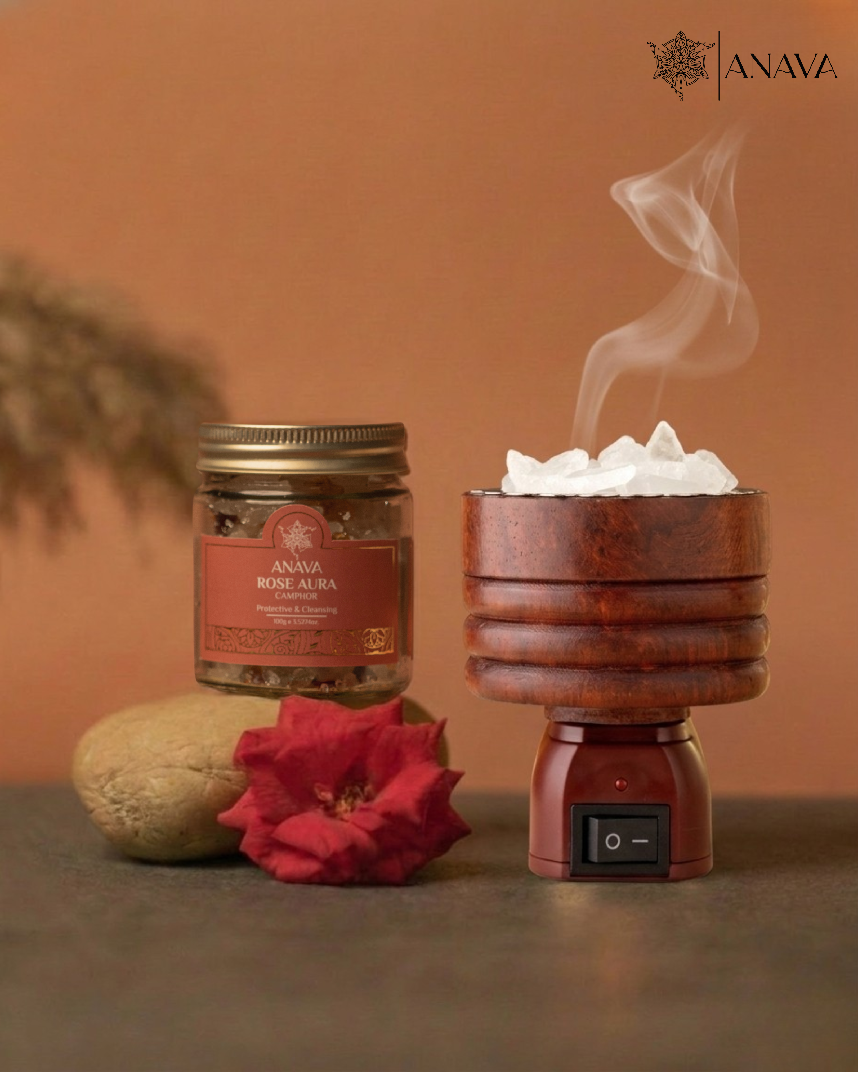 Node Plug-in Camphor Diffuser Set - Combo Pack (Electric Burner + Rose/Sandalwood/Vanilla Camphor Blend-50gm)