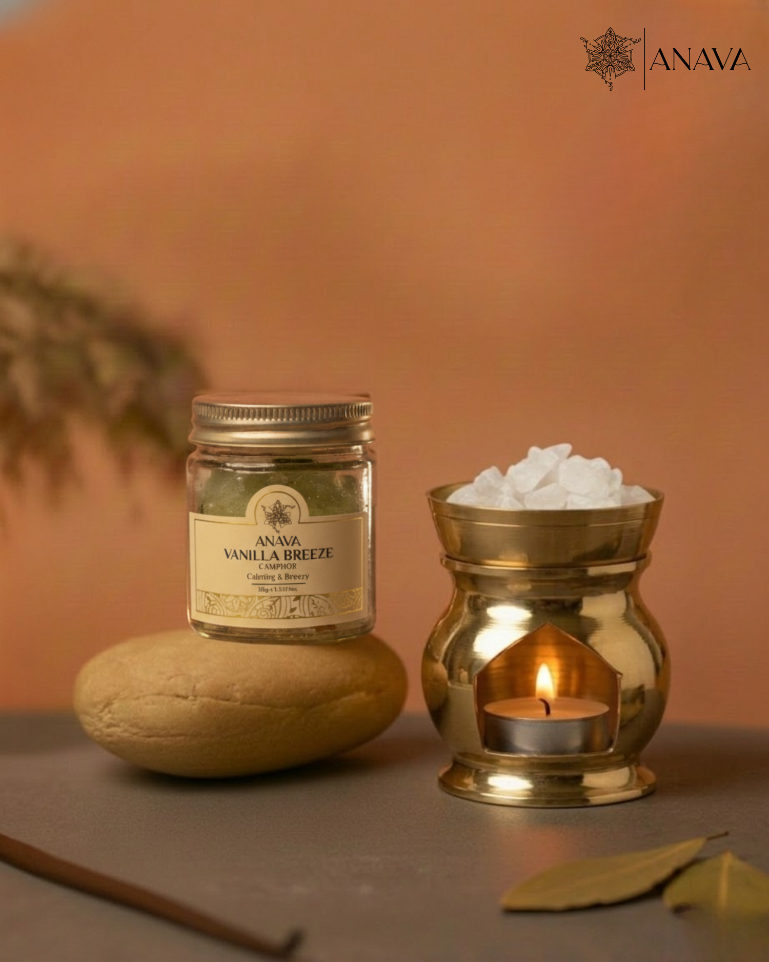 Twilight Camphor Diffuser Set- Combo Pack (Lume Brass Diffuser + Rose/Sandalwood/Vanilla Camphor Blend-50gm)