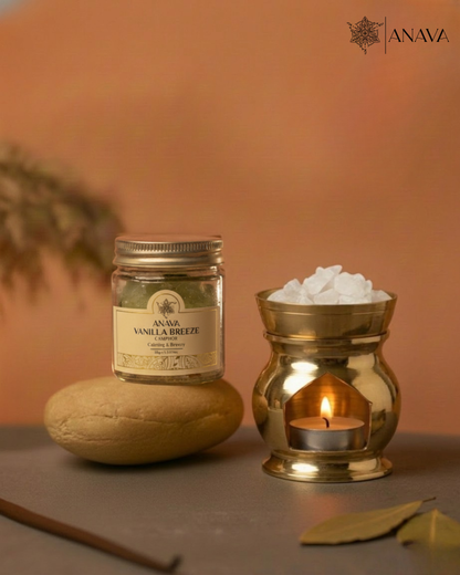 Twilight Camphor Diffuser Set- Combo Pack (Lume Brass Diffuser + Rose/Sandalwood/Vanilla Camphor Blend-50gm)