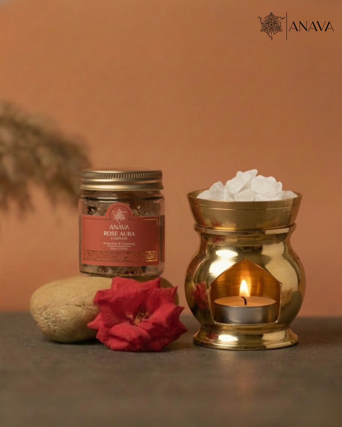 Twilight Camphor Diffuser Set- Combo Pack (Lume Brass Diffuser + Rose/Sandalwood/Vanilla Camphor Blend-50gm)