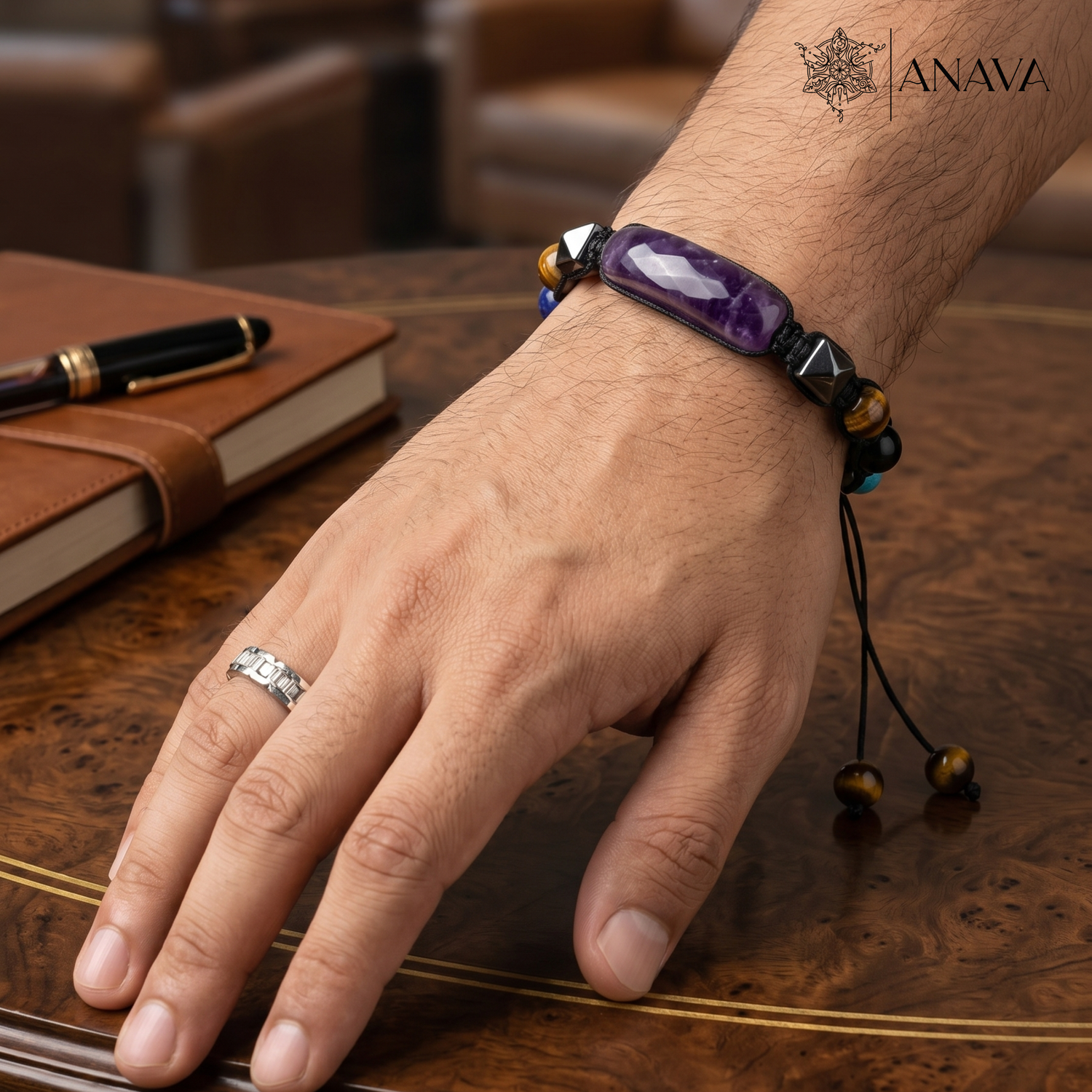 Imperial Amethyst Bar &amp; Shield Band| Handcrafted with Hematite &amp; Multi-Stone Accents | Lab Certified