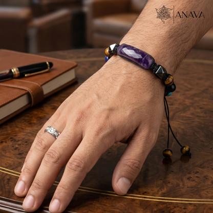 Imperial Amethyst Bar &amp; Shield Band| Handcrafted with Hematite &amp; Multi-Stone Accents | Lab Certified