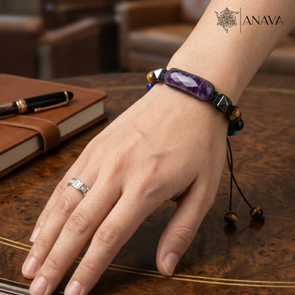 Imperial Amethyst Bar &amp; Shield Band| Handcrafted with Hematite &amp; Multi-Stone Accents | Lab Certified