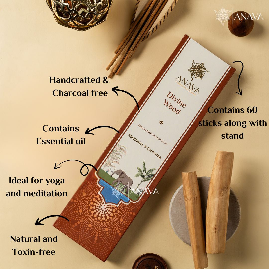 Divine Wood Incense Sticks (Chandan)– Pack of 60 Sticks + 1 Free Stand