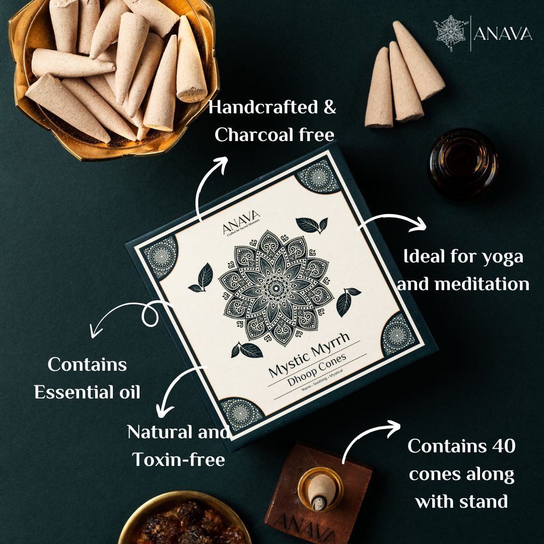 Mystic Myrrh Dhoop Cones – Pack Contains 40 cones + 1 Free Stand
