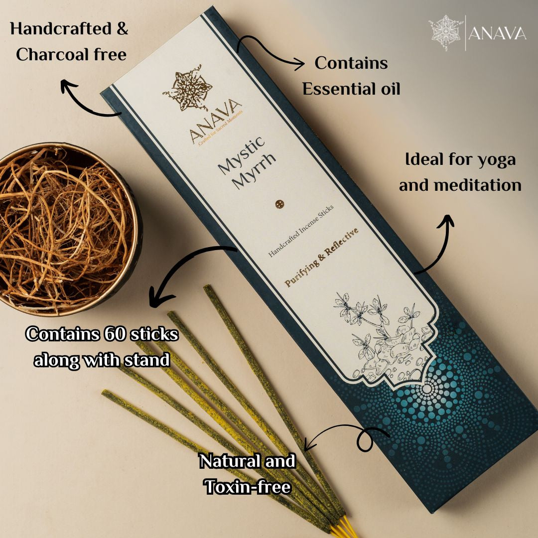 Mystic Myrrh Incense Sticks – Pack of 60 Sticks + 1 Free Stand
