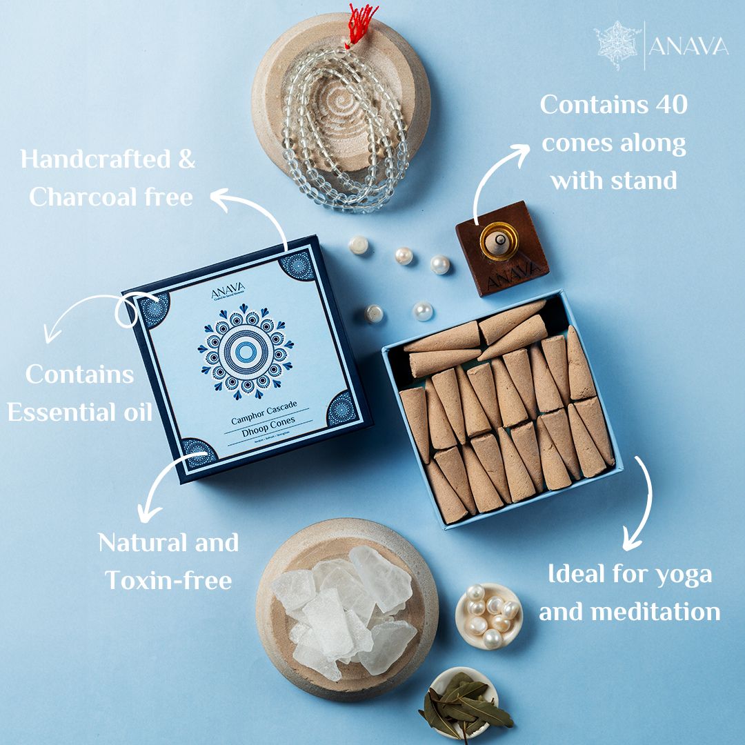 Camphor Cascade Dhoop Cones – Pack Contains 40 cones + 1 Free Stand