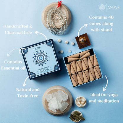 Camphor Cascade Dhoop Cones – Pack Contains 40 cones + 1 Free Stand