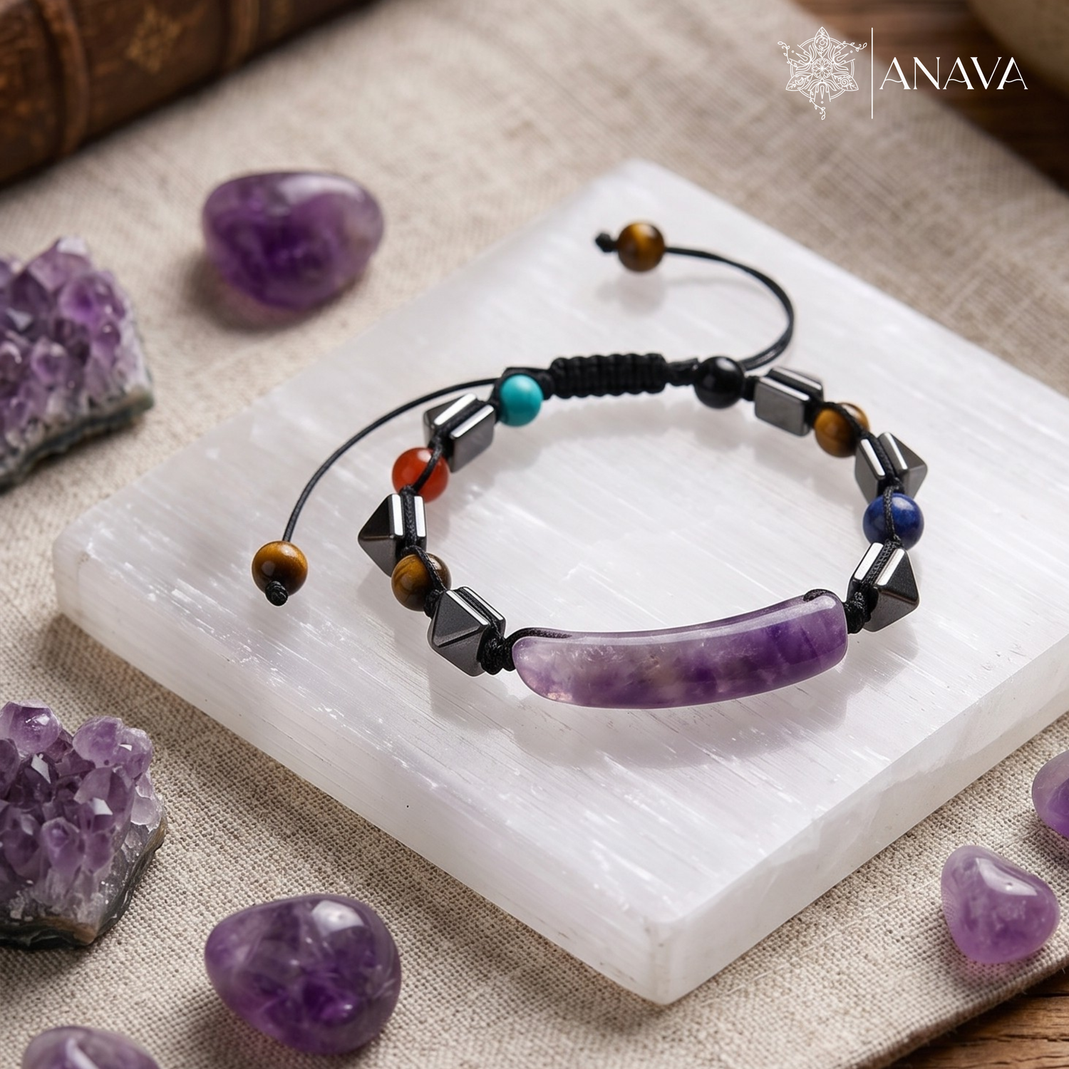 Imperial Amethyst Bar &amp; Shield Band| Handcrafted with Hematite &amp; Multi-Stone Accents | Lab Certified