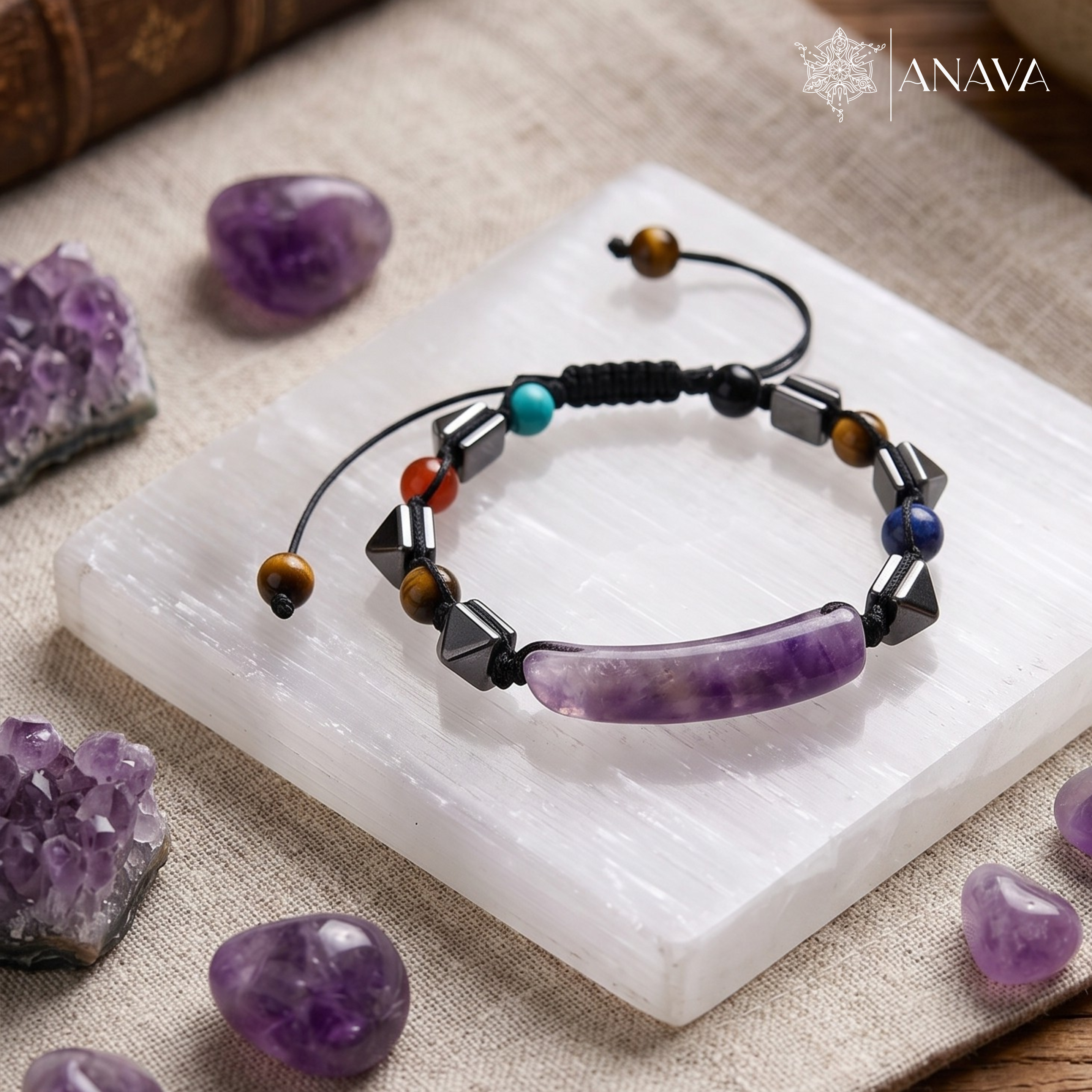 Imperial Amethyst Bar &amp; Shield Band| Handcrafted with Hematite &amp; Multi-Stone Accents | Lab Certified