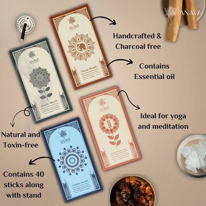 Nirvana Essence Set Bambooless Incense Sticks –Pack Of 4 (160 Dhoop Sticks) + 4 Free Stands