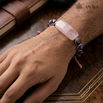 Rose Quartz Bar &amp; Shield Band | Handcrafted with Hematite &amp; Multi-Stone Accents | Lab Certified