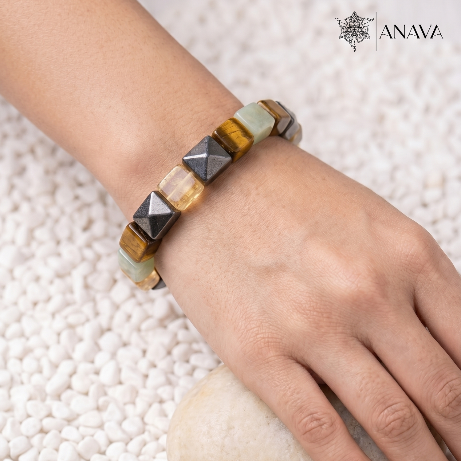 Dhan Vriddhi Cubical Band | Pyrite, Tiger Eye, Citrine &amp; Aventurine | Lab Certified
