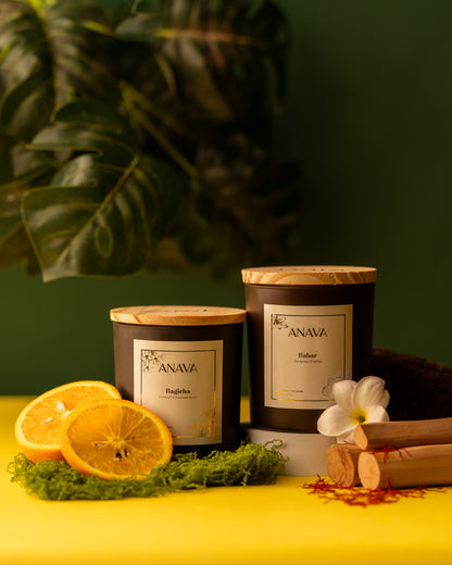 Bahar &amp; Bagicha Duo – Saffron &amp; Sandalwood, Floral Blossoms In a Jar- Soy Wax Candle