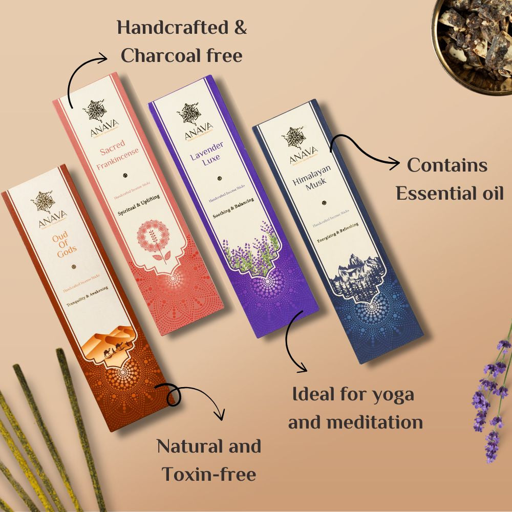 Nirvana Bliss Incense Sticks Set –Pack of 4(220 Sticks)+ 4 Free Stands- Frankincense, Musk, Lavender, Sandalwood