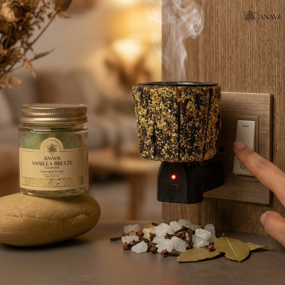 Calm Ritual Camphor Diffuser Set - Combo Pack (Electric Burner + Rose/Sandalwood/Vanilla Camphor Blend-50gm)