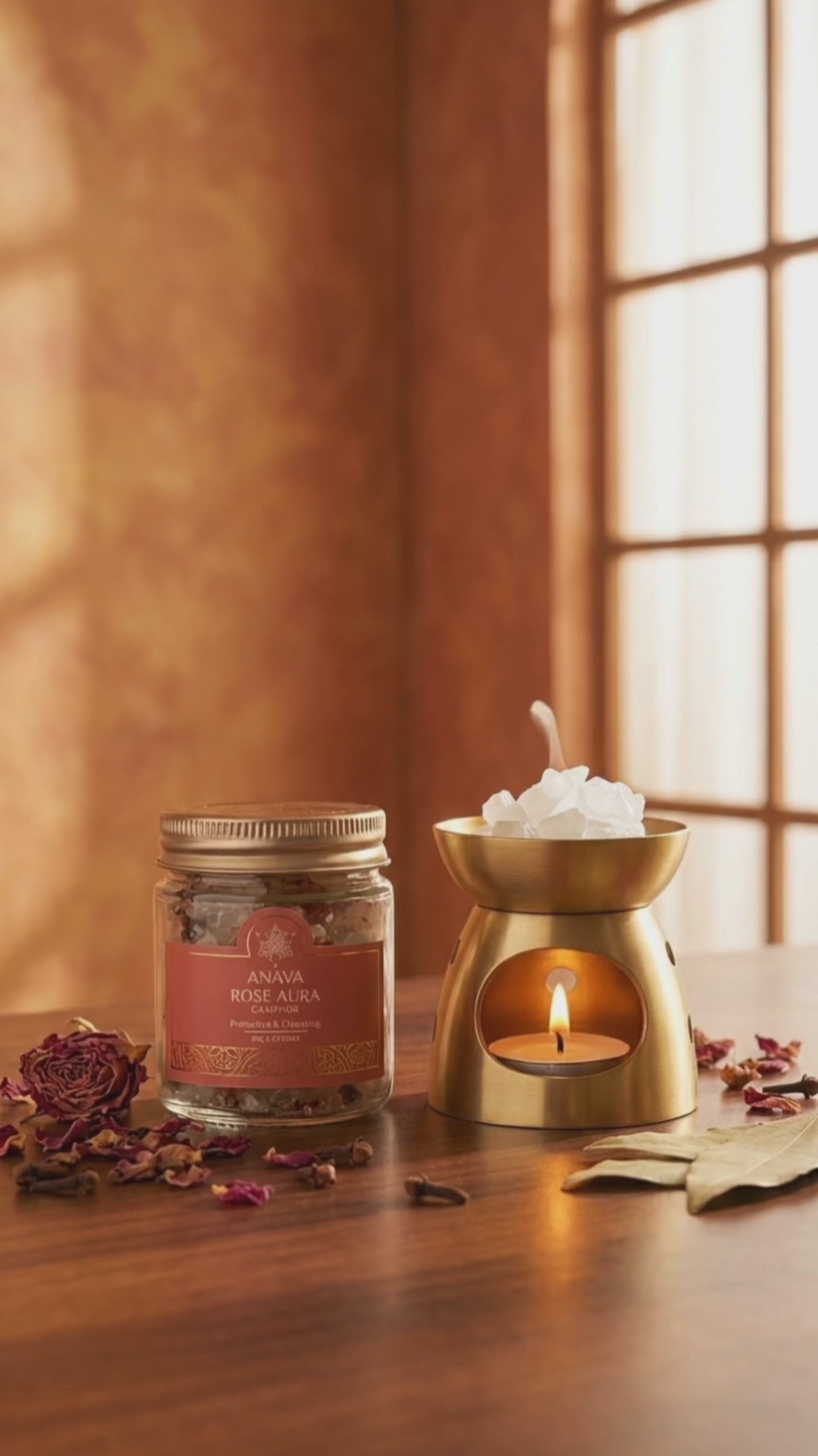 Twilight Camphor Diffuser Set- Combo Pack (Lume Brass Diffuser + Rose/Sandalwood/Vanilla Camphor Blend-50gm)