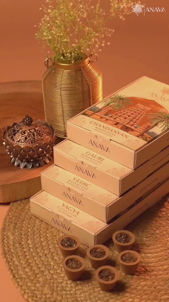 Gauri + Chandanvan Havan Cups Combo – 2 Packs (14 Sandalwood + 14 Cow Dung Havan cups | 2 Free Stands)