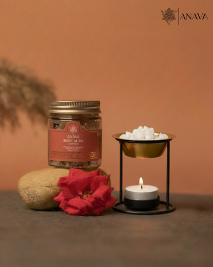 Eternal Diffuser Set- Combo Pack (Aura Rise Brass Diffuser + Rose/Sandalwood/Vanilla Camphor Blend-50gm)