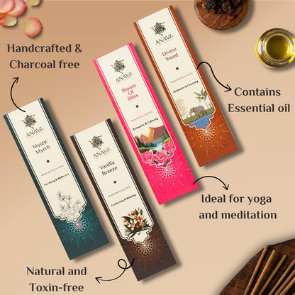 Nirvana Zen Incense/Agarbatti Sticks for Pooja- Pack of 4(240 Sticks) + 4 Free Stands- Oudh, Vanilla, Rose &amp; Myrrh